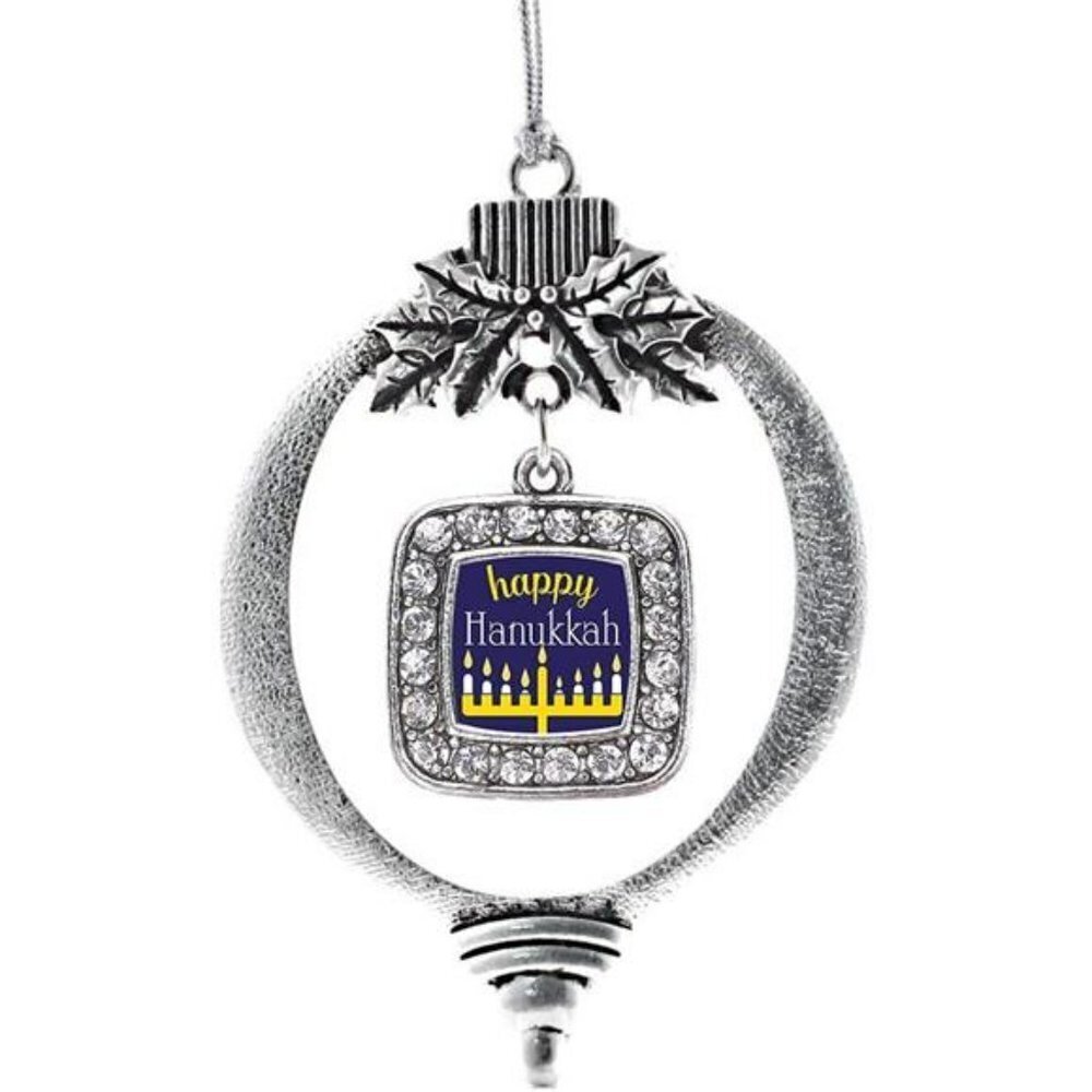 Silver Square Charm Hanukkah Ornament Cubic Zirconia